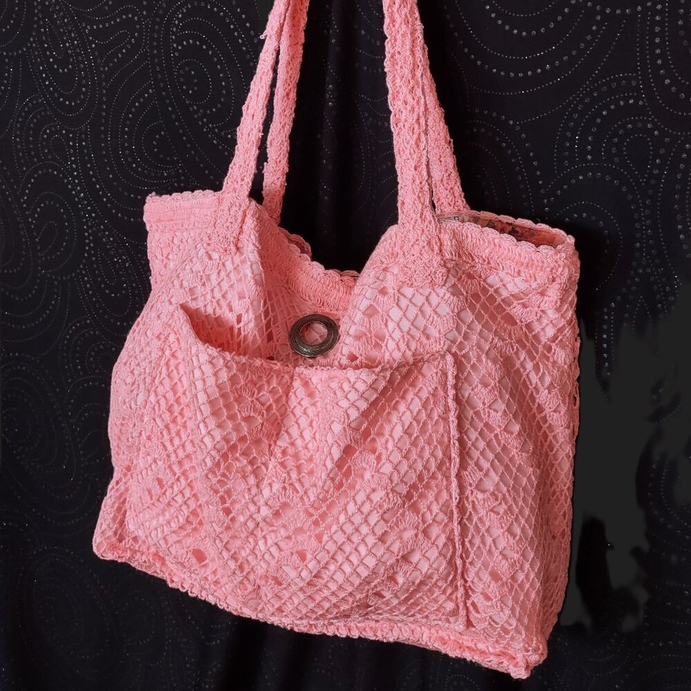 20" Pink Crochet Lace Tote Bag - Upcycled